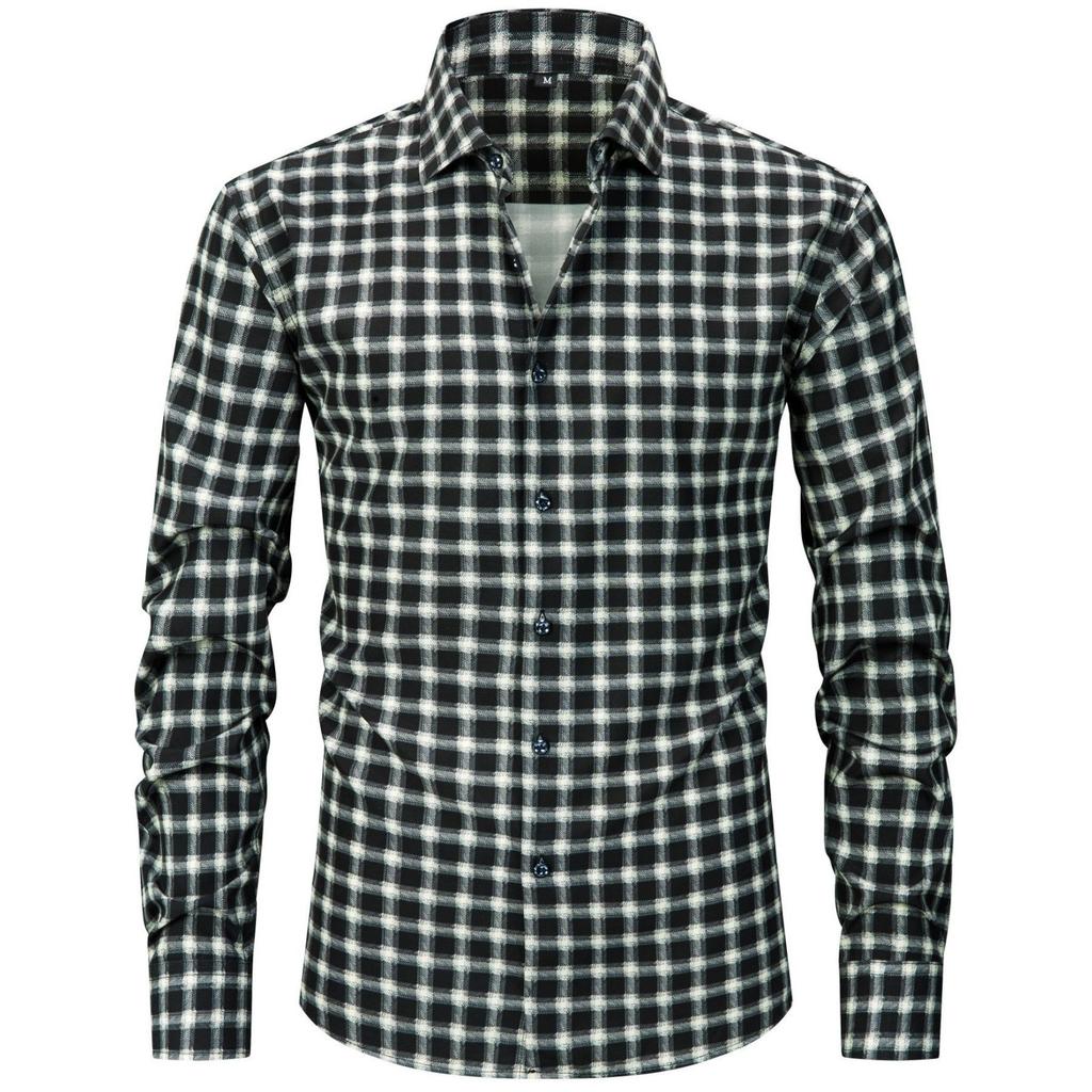 Мужская эластичная клетчатая полосатая рубашка с длинным рукавом большого размера, мужская рубашка на пуговицах светлого цвета с квадратным воротником и цифровой печатью