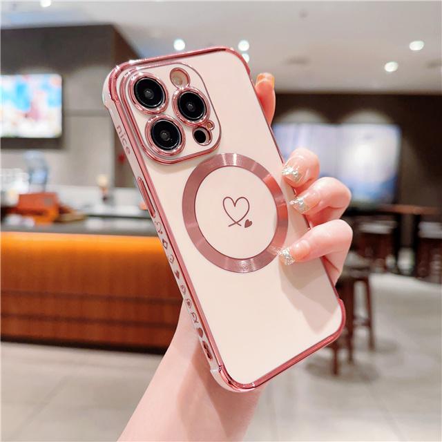 Для iPhone Роскошный чехол для телефона в форме сердца с магнитным покрытием Magsafe и узором рамки для iPhone 11 12 13 14 15 16 Plus Pro Max