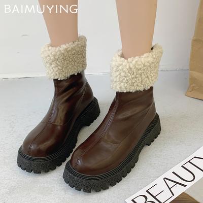 Женские кожаные ботильоны на платформе с мехом, на среднем каблуке, массивные зимние мотоботы, тренд 2024, дизайнерские готические ботильоны для женщин