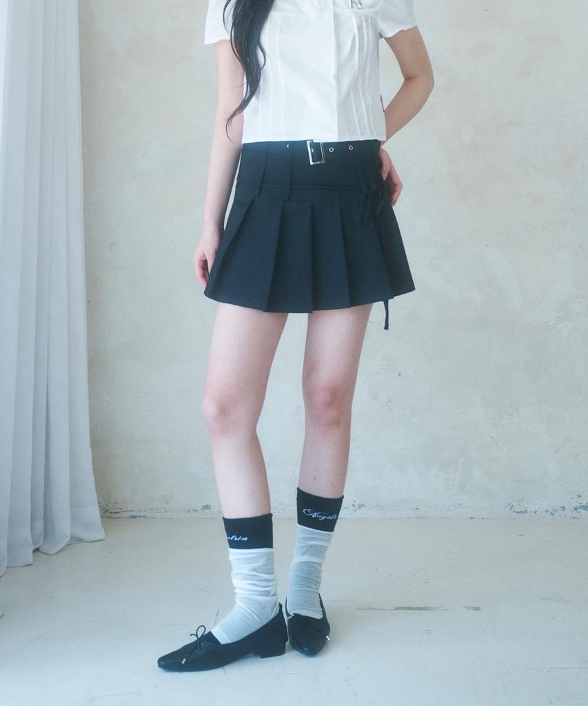 New Arin Highteen Belt Ribbon Pleats Skirt(3Colors)