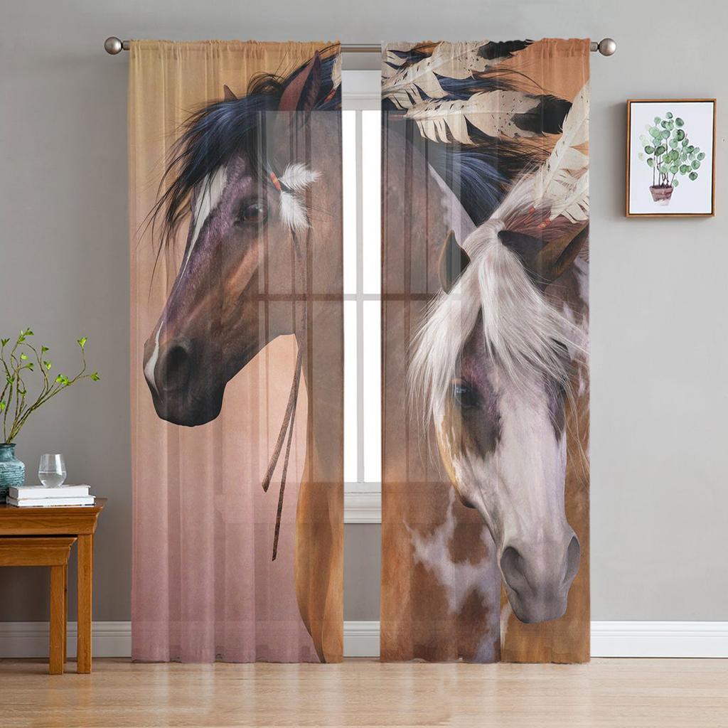 Black White Horse Watercolor Painting Tulle Sheer Window Curtains for Living Room Kitchen Children Bedroom Voile Hanging Curtain