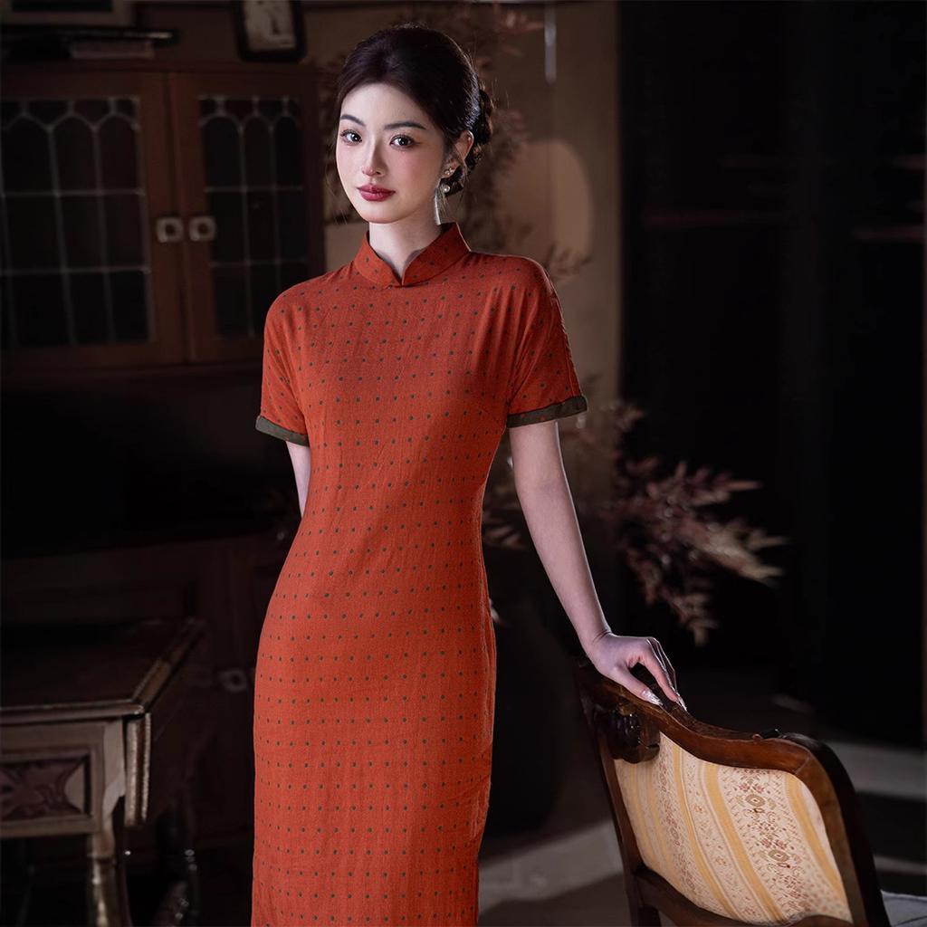 New Chinese girl cotton cheongsam daily improvement 1011 new summer retro polka dot dress single layer orange