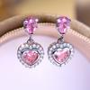 Изысканные серьги с розовым сердечком для женщин, сияющие циркониевые висячие серьги, корейские модные свадебные украшения