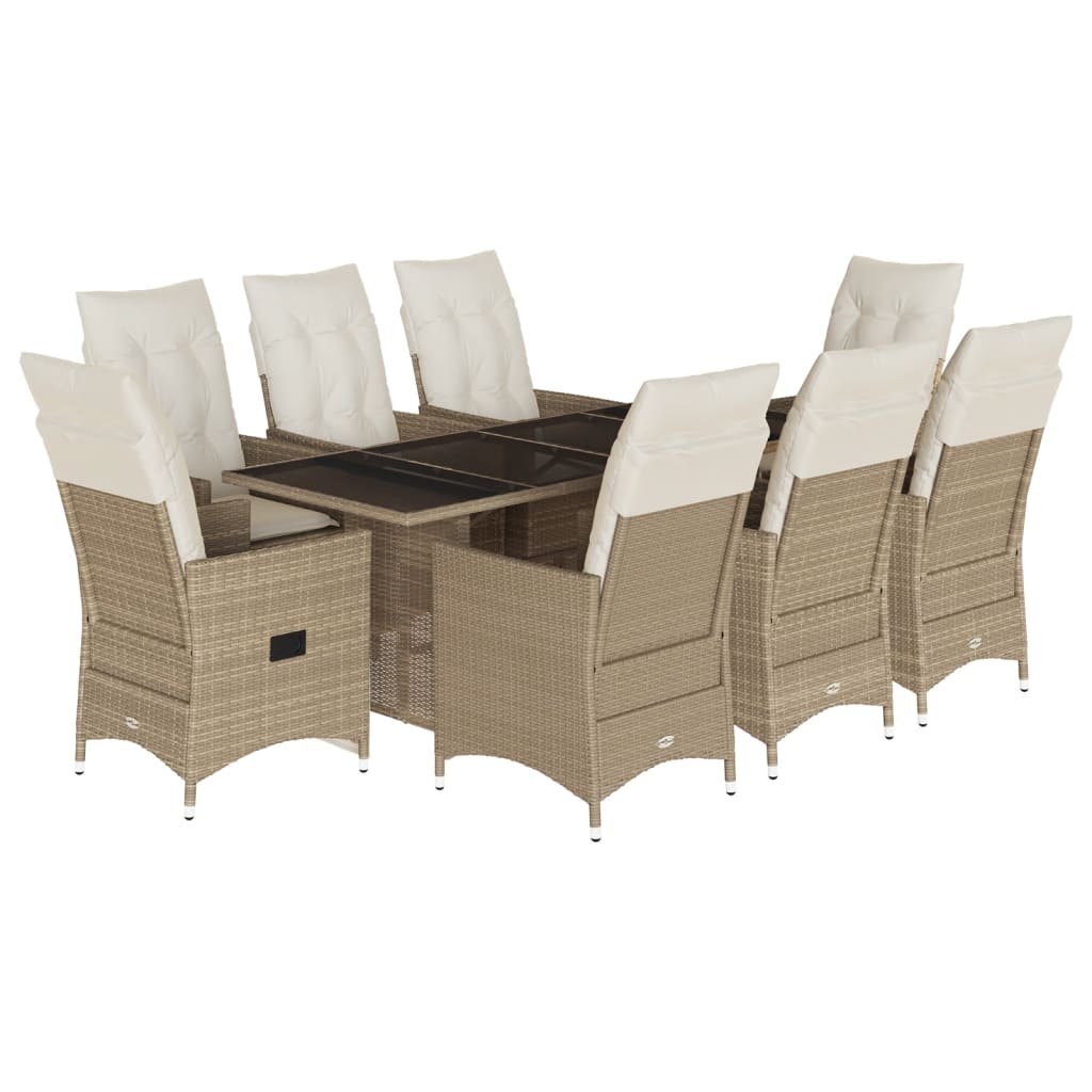 9 Piece Garden Dining Set with Cushions Beige Poly Rattan