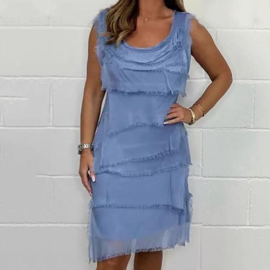 Леди летнее платье с бахромой, рваные, многослойные, без рукавов, с круглым вырезом, сплошной цвет, длиной до колена, пуловер трапециевидной формы с наклонным краем, повседневное платье миди для свиданий