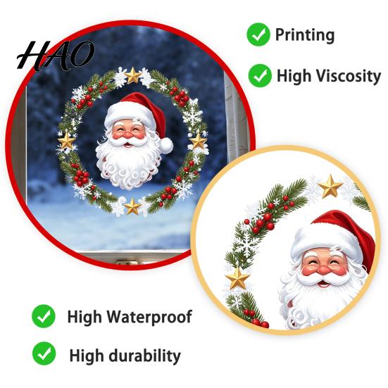 Waterproof PVC Ornaments Christmas Window Clings, Cute Santa Claus Wreath Sticker, Cartoon Balcony Glass Stickers Holiday Static Decal for Office Shop