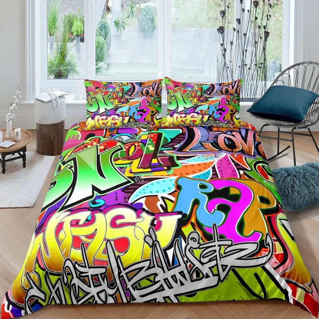 3D Graffiti Hip-Hop Duvet Cover and Pillowcase, Teen Bedding Set Artistic Style Bedroom Decor, Gift for Boys and Girls