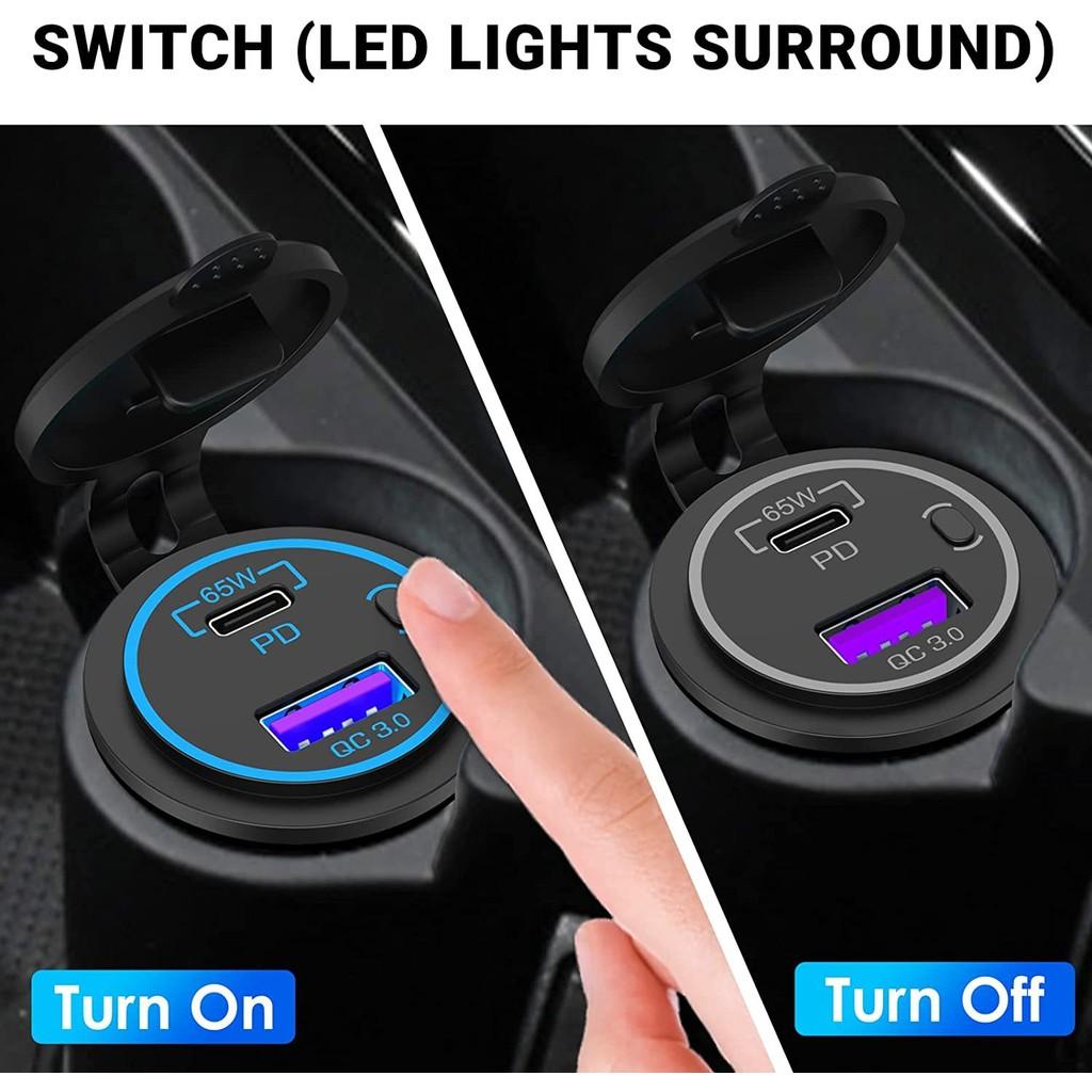 Universal Vehicle USB Charger 12V-24V, 65W PD + QC3.0 Fast Charging Port for Marine, RV, Boat, Motorcycle with LED Display