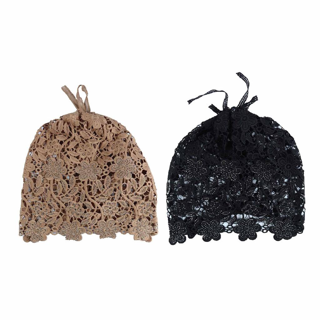 2CPS Women's Ethnic Style Flower Hat Hollow Single-Layer Pull-On Hat Rhinestone Retro Head-Wrapping Dual-Use Headscarf Hat
