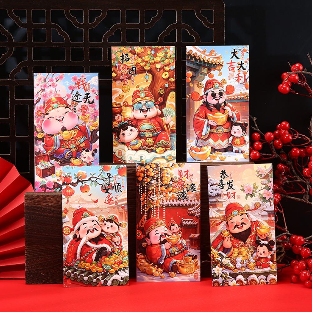 6pcs Chinese Style New Year Red Envelopes Traditional Hongbao God of Wealth Red Pocket Blessing Lucky Money Packet