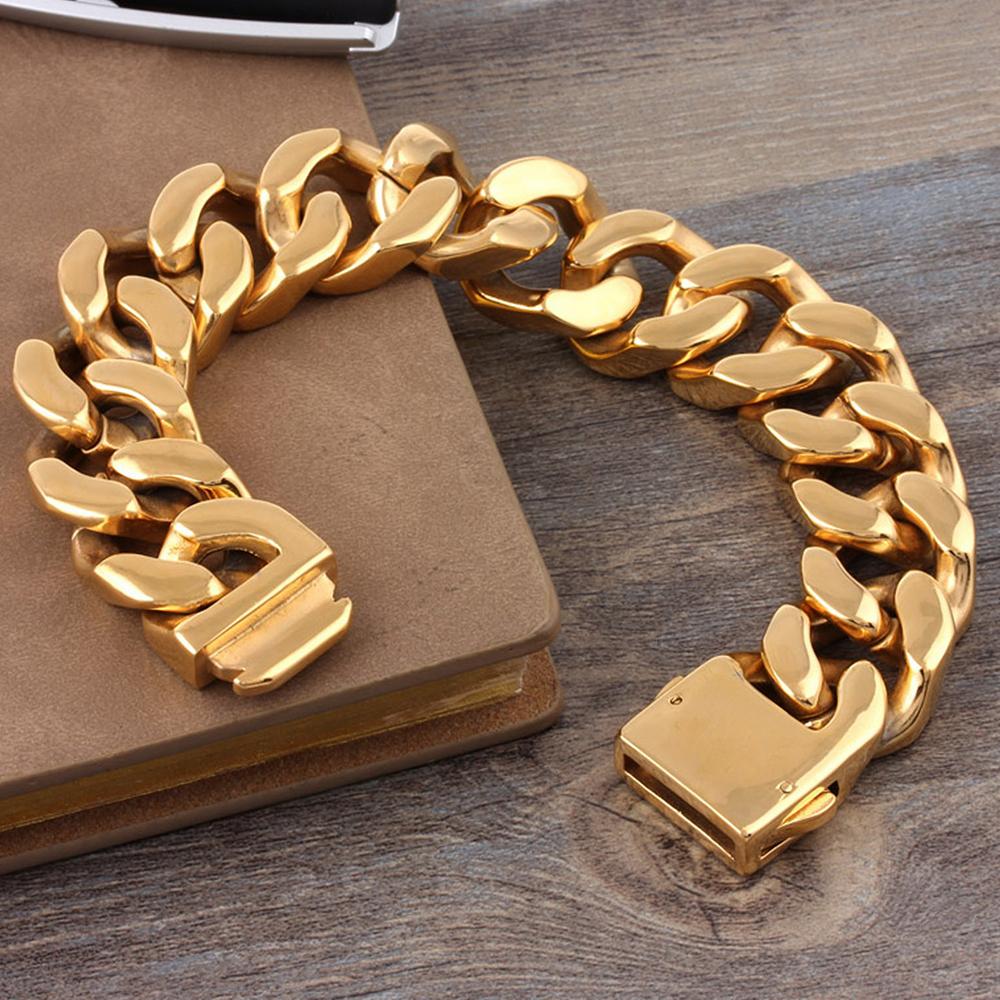 32mm Waterproof Gold Color Stainless Steel Metal on Hand Bracelets for Man Curb Cuban Link Chain Hip Hop Wristband Bangle Jewelry Men