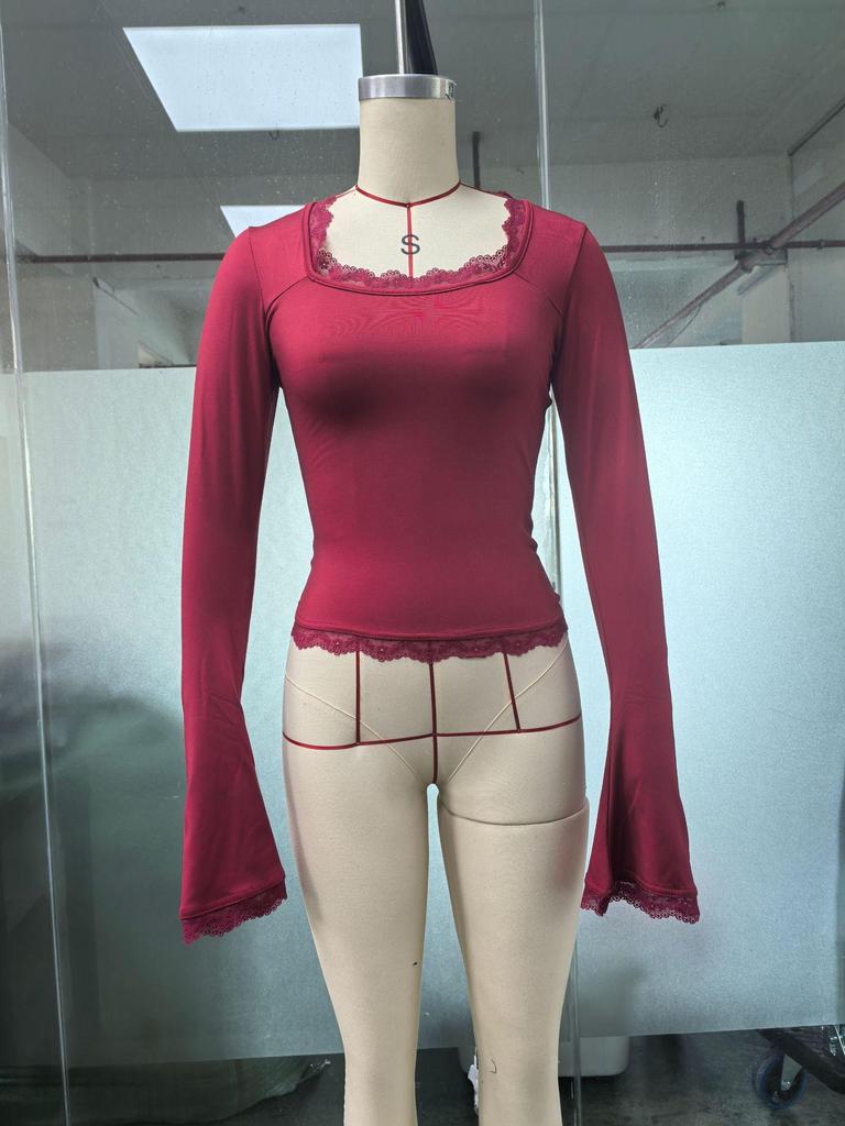 2025 Autumn/Winter Sexy Ribbed Lace-Trimmed Long-Sleeve U-Neck Top