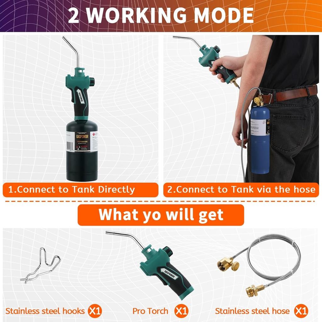 Головка пропановой горелки с пьезоподжигом, Запуск горелки триггером, MAPP-горелка с зажимом для баллона и шлангом из нержавеющей стали, Сварка, Пайка((Топливо не