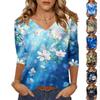 Women's Tops Three-quarter Sleeve Shirt V-neck Loose Casual Shirt Floral Print T-shirt