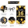 Happy 16th Birthday Decorations for Girls and Boys, Black and Gold 16th Birthday Banner Backdrop, Fabric Door Decor Yard Sign Photo Props, 16 Year