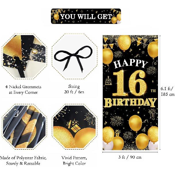 Happy 16th Birthday Decorations for Girls and Boys, Black and Gold 16th Birthday Banner Backdrop, Fabric Door Decor Yard Sign Photo Props, 16 Year