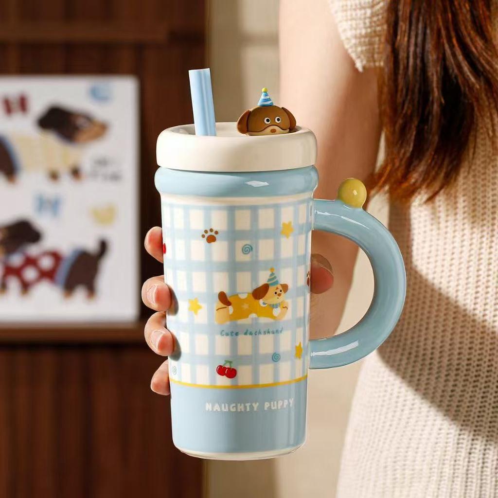 Large Capacity Summer New Straw Cup Ceramic Kettle Cup with Lid Cartoon Mug Water Cup