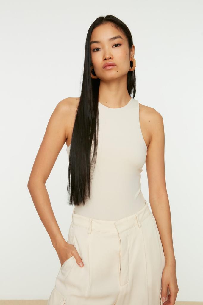 Women's Fashion New Bodysuit Green Halter Neck Fitted Flexible Snap Fastener Knitted Bodysuit