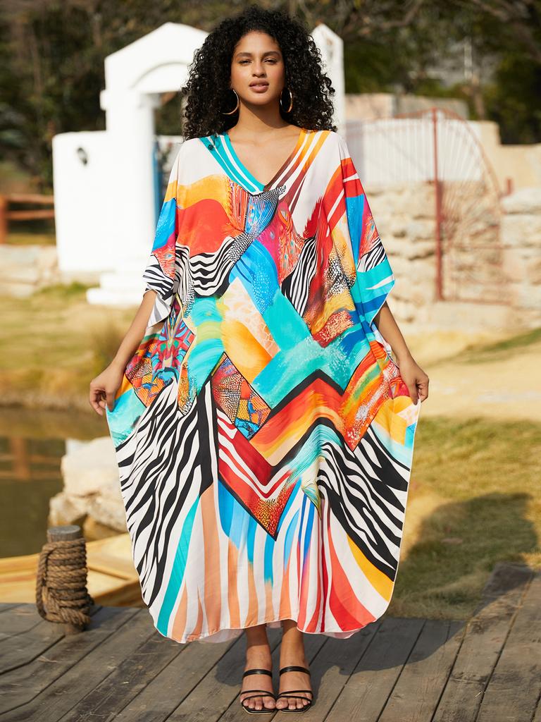 Printed Beach Dresses Viscose Kaftans for Women Summer Plus Size Loose Robe Holiday Living Room Bathing Suits