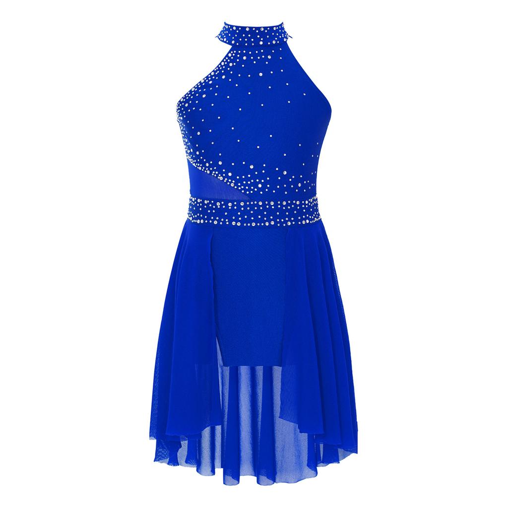 Girls Glittery Lyrical Dance Dress - Rhinestone Decor & Irregular Hem for Stage Performances