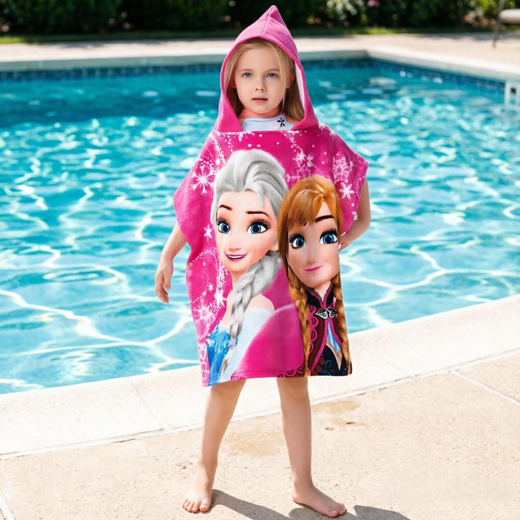 Ultra-Fine Fiber Cartoon Print Kids' Hooded Bath Towel Poncho