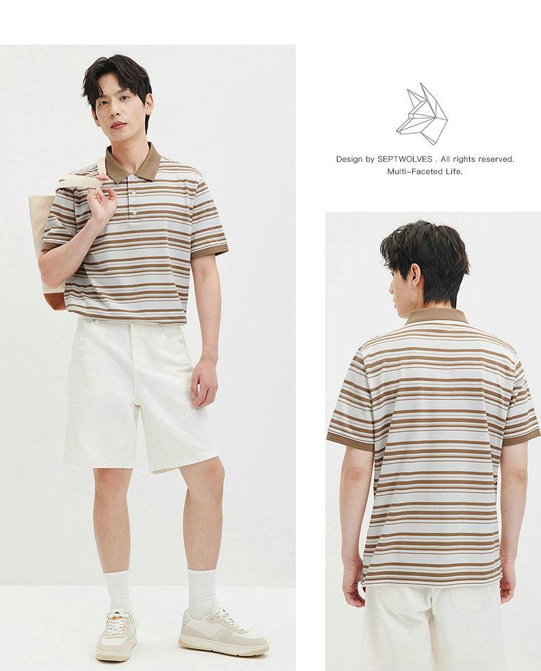 Silk Cotton Color Woven Fine Strip Short-Sleeved Collar Polo