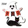Halloween Door Sign Black Cat Ghost Sign, Decorative Plaque, Wooden Hanging Entrance Ornaments Vintage Rustic Decor with Jute Rope, Seasonal Wall Art