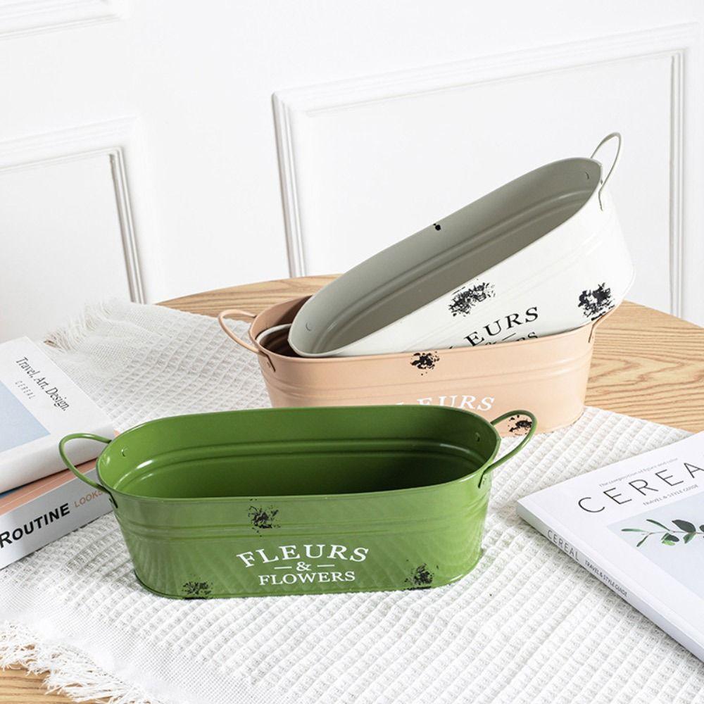 Ellipse Rustic Flowerpot with Handle Flower Holder Vintage Metal Box Planter