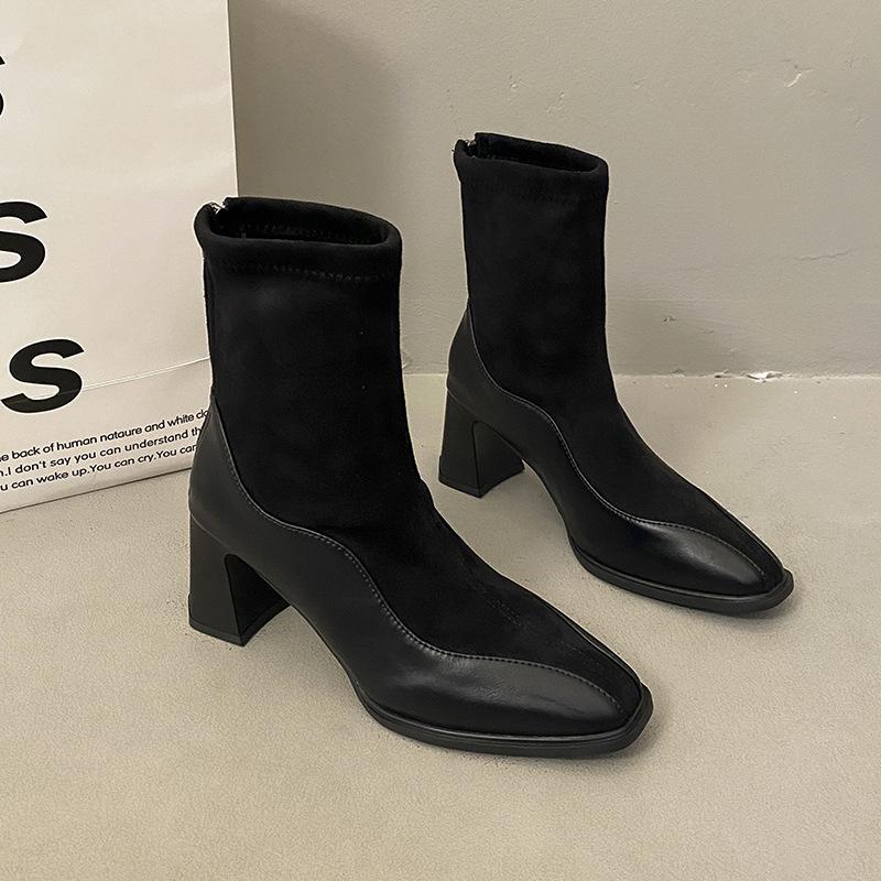 Французская коровья кожа тонкие ботинки высокий каблук короткие ботинки женские осенне-зимние новые квадратный носок темперамент ботинки Мартин облегающие эластичные ботинки