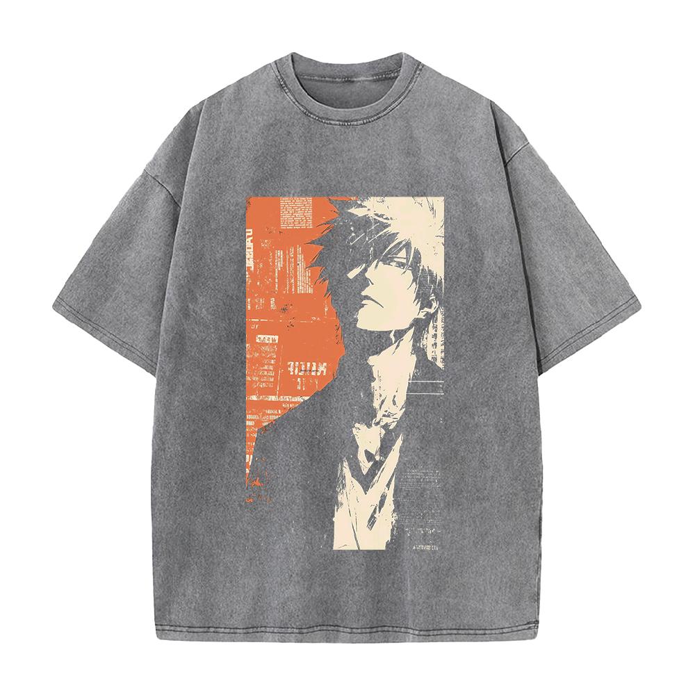 Ichigo Kurosaki BLEACH Anime Outfit Unisex Loose-Fit Short-Sleeve Washed Vintage Cotton T-Shirt