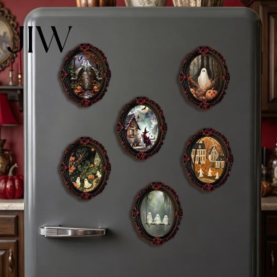 Waterproof Retro Oil Painting Magnets Halloween Wooden Refrigerator Magnets, Vintage Gothic Oval Frame Fridge with Witch Style Home Office Accents