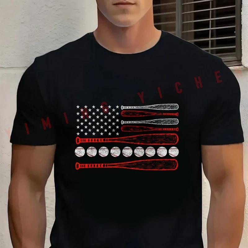 Vintage American Flag Baseball 4th July Graphic Moto T-shirt Cotton Casual Summer Short Sleeve