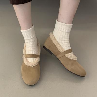 2025 новые ретро туфли Мао Мао с ремешком на одной пряжке и круглым носком, теплые флисовые балетки, неглубокие туфли-лодочки для женщин