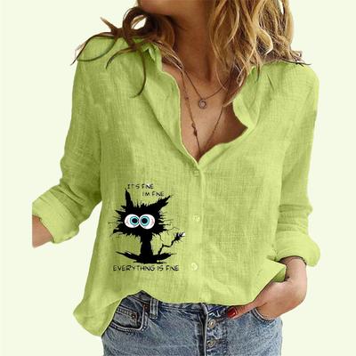 Женская модная рубашка с лацканами на пуговицах, весна-лето, тонкий хлопковый льняной топ, повседневные блузки с принтом кота