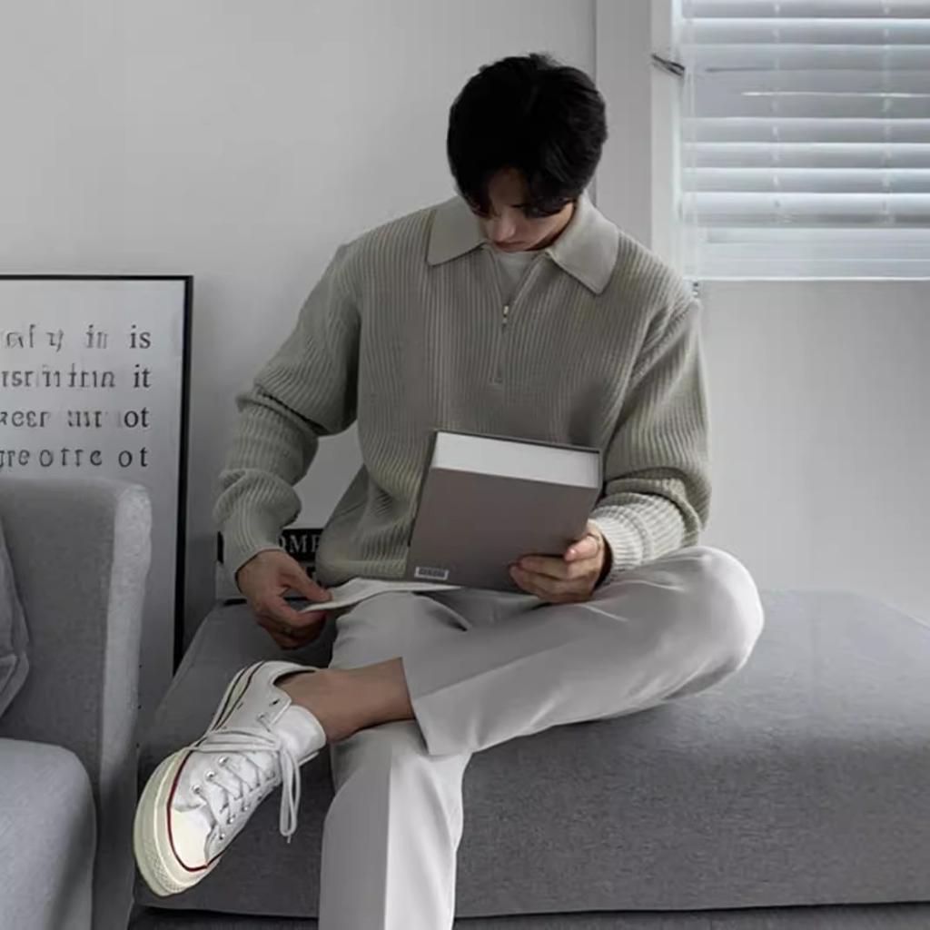 Lapel Sweater Men Warm Fashion Casual Knit Pullover Men Korean Loose Zipper Long Sleeve Sweater Mens Jumper Clothes