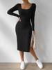 Autumn and Winter Square Collar Long Sleeves Under The Slits Show Thin Dress