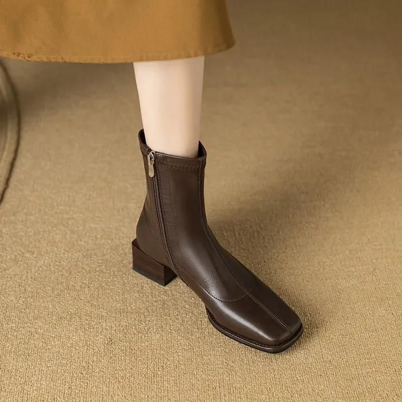 Fashion Square Toe Women Ankle Boots Flock Stretch Shoes Thin Mid Heels Black/Brown/Beige Back Zipper Dress Sock Boots Woman  Size 34-40