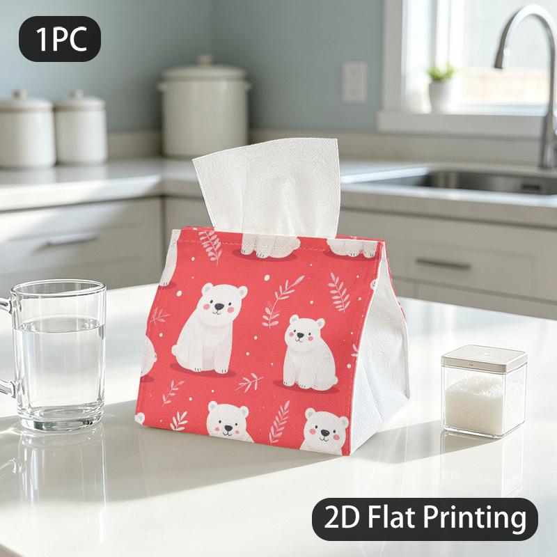 1pc Tissue Box, Flat Cute Style Polar Bears Foliage Warm Joyful Pattern, 2D Flat Printing, Lightweight, Can Be Washed, Tissue Holder, for Cooking Spac