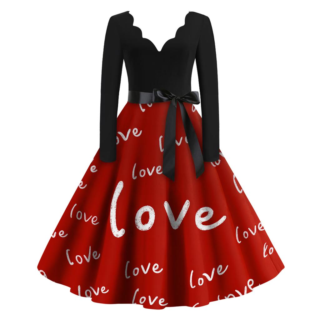 Женское повседневное модное платье с принтом на День святого Валентина, с V-образным вырезом, в стиле ретро, с длинным рукавом
