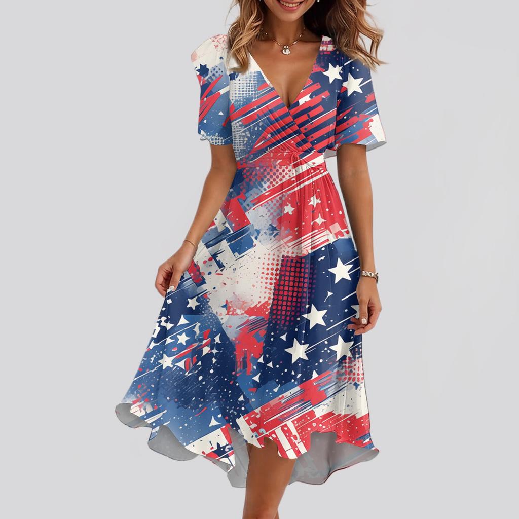 Women's Loose Casual V-Neck Flared Skirt Short Sleeved Printed Dress Printed Dress