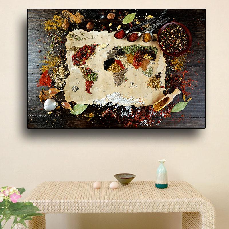 Grains Spices World Map Kitchen Canvas Painting Abstract Still Life Posters and Prints Pictures Living Room Home Decor No Frame