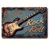 Vintage Rock Guitar Metal Wall Art Sign - Distressed Iron Retro Decor with Golden Lettering & Blue Background, Easy To Hang for
