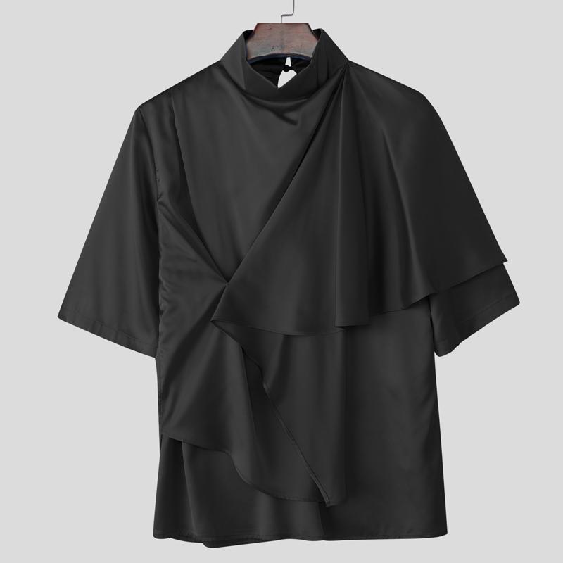 INCERUN Men Satnd Neck Short Sleeve Ireegular Layers Casual Satin T-shirts Tops