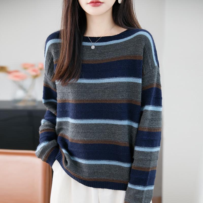 Women's Autumn/Winter Color Block Striped Knit Cardigan - Loose, Versatile, Age-Reducing Base Layer