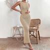 Sleeveless Hollow Out See Through Beach Dress Fashion Knitted Women O Neck Sexy Summer Long Dress Solid Color Elegant Casual Split Dresses 869