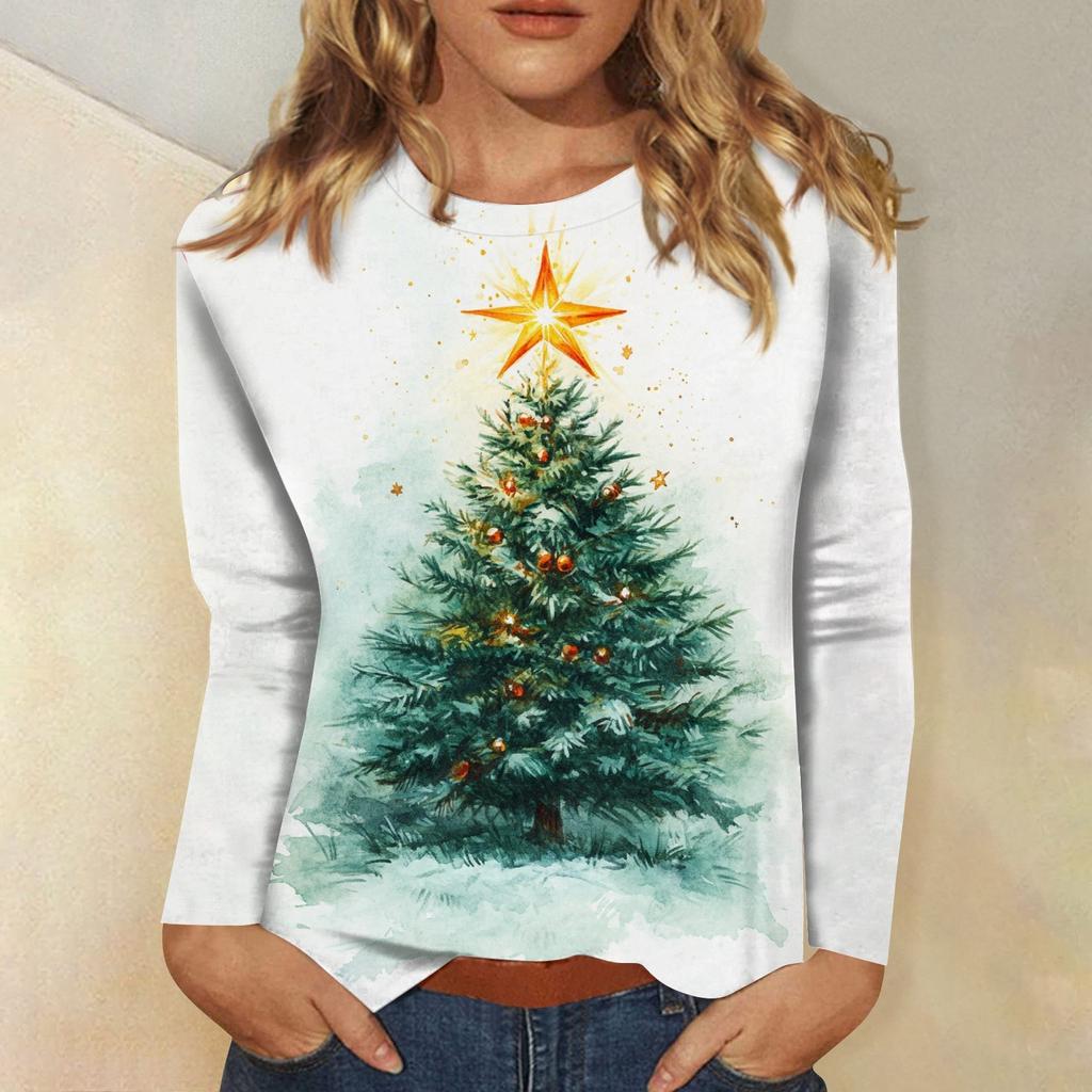 Long Sleeve Shirts For Women Cute Print Graphic Tees Blouses Casual Plus Size Basic Tops Pullover Christmas