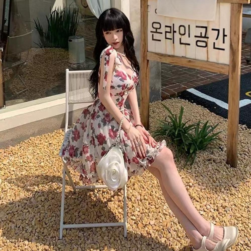 Rose Floral Dress Women Skirt Sling Strap Sundress Fashion Mini Sleeveless Dress Lolita