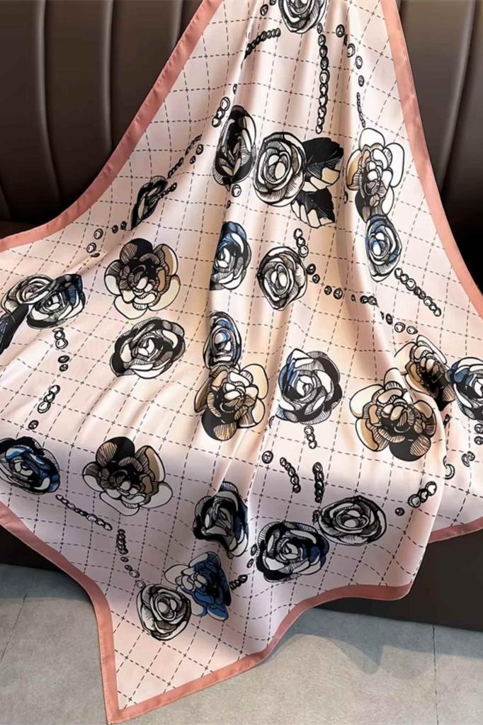 Women' Scarf 90X90 "Powder Rose" - Floral Shawl with Pearl Pattern, Imitation Silk