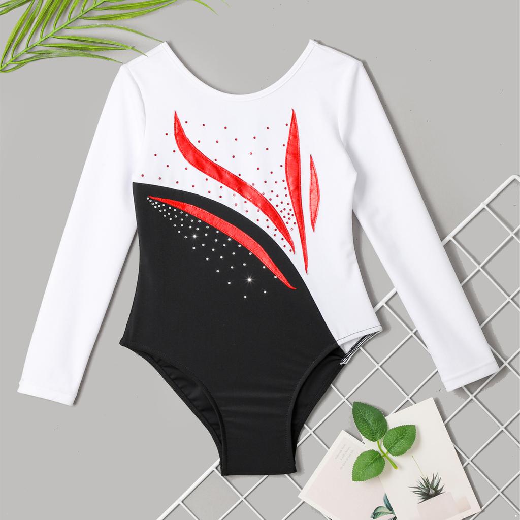 Children Girls Stylish Leotards Round Neckline Shiny Rhinestone Jumpsuit Gymnastics Skating Bodysuit
