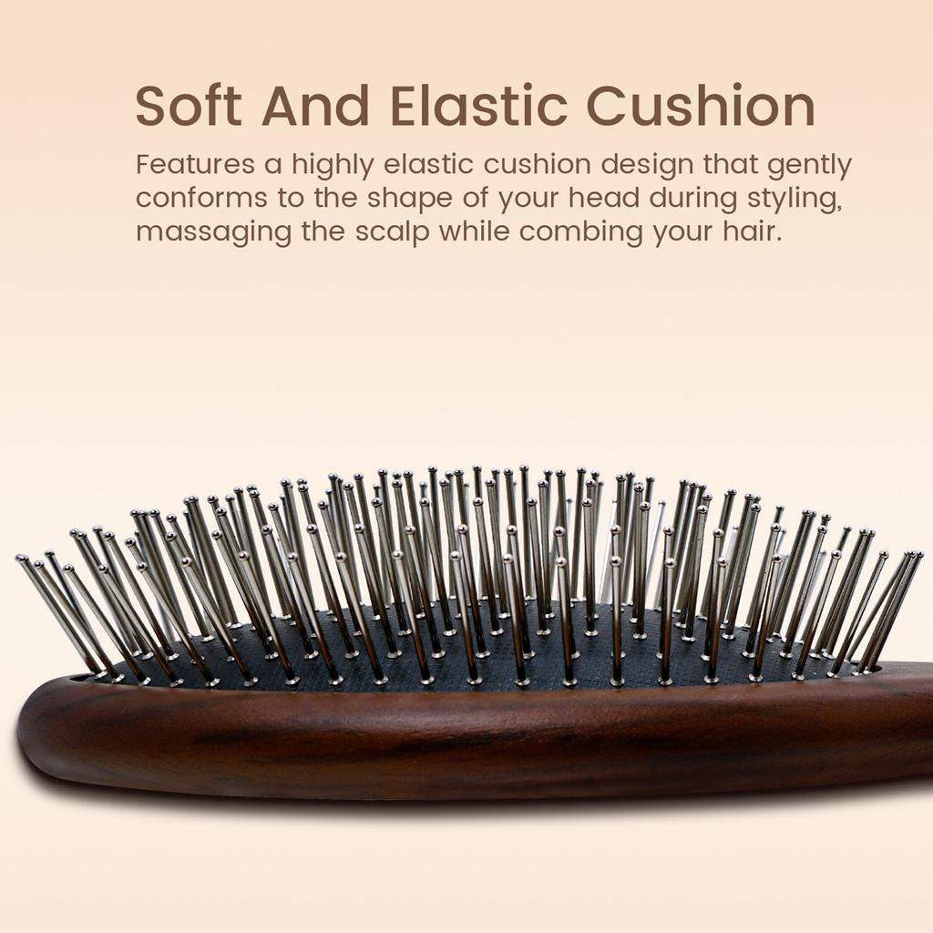 Natural Wooden Paddle Hair Brush with Metal Bristles Scalp Massage Air Cushion Comb for Detangling Hair Growth Hair Care Tool